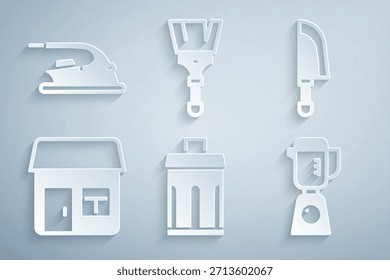 Conjunto de basura, cuchillo, casa, licuadora, pincel de pintura e icono de hierro eléctrico. Vector