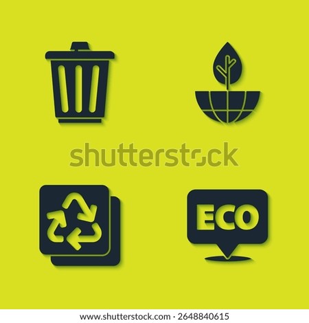 Set Trash can, Label for eco healthy food, Recycle and Earth globe and plant icon. Vector