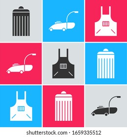 Set Trash can, Lawn mower and Kitchen apron icon. Vector