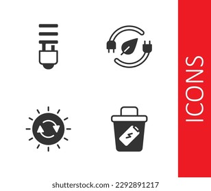 Set Trash can, lámpara de luz LED, panel de energía solar y enchufe de ahorro eléctrico en icono de hoja. Vector