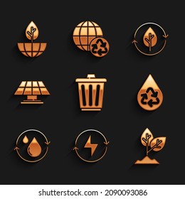 Set Trash can, Lightning bolt, Plant, Recycle clean aqua, Solar energy panel, and leaf and Earth globe plant icon. Vector