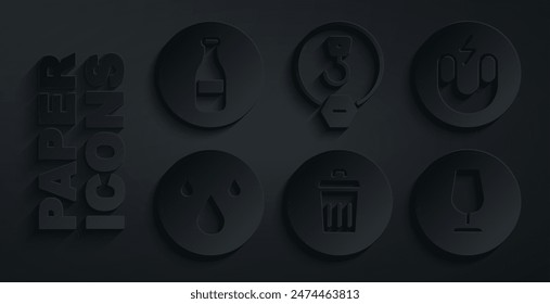 Set Trash can, Magnet, Water drop, Fragile broken glass, Industrial hook and Bottle icon. Vector