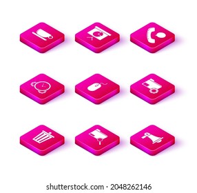 Set Trash can, Megaphone, Folder settings gears, Telephone handset and speech bubble chat and Presentation financial board graph, schedule, chart, diagram, infographic, pie graph icon. Vector