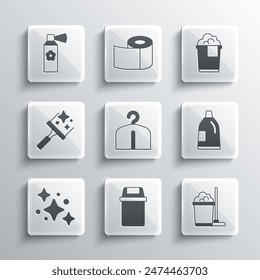 Set Trash can, Mop and bucket, Bottle for cleaning agent, Hanger wardrobe, Home service, Rubber cleaner windows, Air freshener spray bottle and Bucket with foam icon. Vector