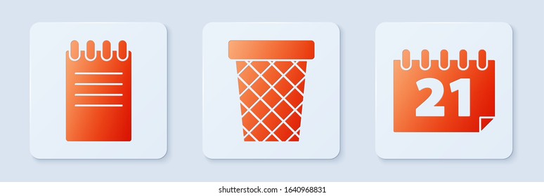 Set Trash can, Notebook and Calendar. White square button. Vector