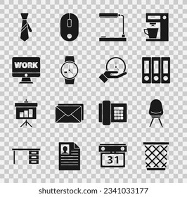 Set Trash can, Office chair, folders, Table lamp, Wrist watch, Monitor with text work, Tie and Clock icon. Vector