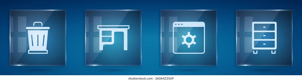Set Trash can, Office desk, Browser setting and Archive papers drawer. Square glass panels. Vector