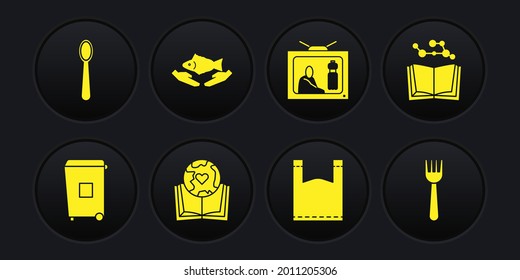 Set Trash can, Open book, Earth globe and, Plastic bag, Stop plastic pollution, Fish care, Disposable fork and spoon icon. Vector