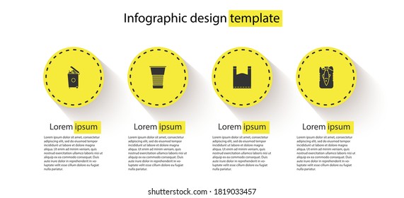 Set Trash can, Paper glass, Plastic bag and Stop ocean plastic pollution. Business infographic template. Vector.