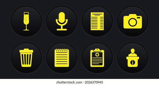 Set Trash can, Photo camera, Notebook, Clinical record, Paper financial check and Microphone icon. Vector