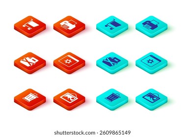 Set Trash can, Picture landscape, Delete file document, Browser setting, Printer and Shopping cart icon. Vector