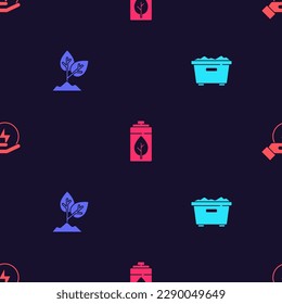 Set Trash can, Plant, Eco nature leaf and battery and Lightning bolt on seamless pattern. Vector