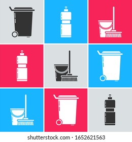 Set Mülleimer , Plastikflaschen für flüssige Geschirrspülmittel und Mopp und Eimer Symbol. Vektorillustration