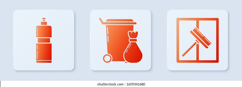 Set Trash can , Plastic bottles for liquid dishwashing liquid and Squeegee, scraper, wiper. White square button. Vector