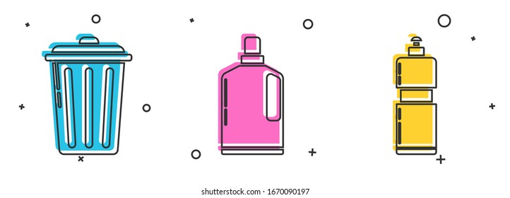 Set Trash lata , Botellas de plástico para líquido lavavajillas líquido y botellas de plástico para el líquido lavavajillas líquido icono. Vector