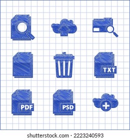 Set Trash can, PSD file document, Add cloud, TXT, PDF, Document, Search concept with folder and search icon. Vector