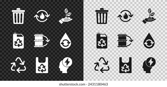 Set Papelera, Reciclar agua limpia, Planta en mano, símbolo, Bolsa de plástico con reciclaje, Cabeza eléctrica, Eco filtro de combustible e icono de barril. Vector