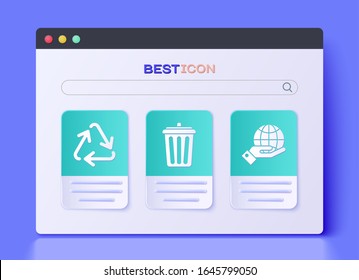 Set Trash can, Recycle symbol and Human hands holding Earth globe icon. Vector