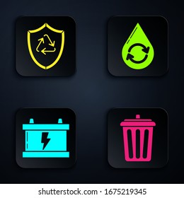 Set Trash can, Reciclar símbolo dentro del escudo, batería de Camión y reciclar agua limpia. Botón cuadrado negro. Vector