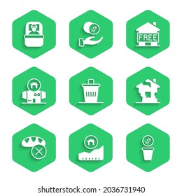 Set Trash can, Rising cost of housing, Donation money, Ruined house, food, Homeless cardboard, Shelter for homeless and Sleeping bag icon. Vector