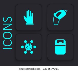 Set Trash can, Guantes de goma, aspiradora portátil e icono de bacterias. Botón cuadrado negro. Vector