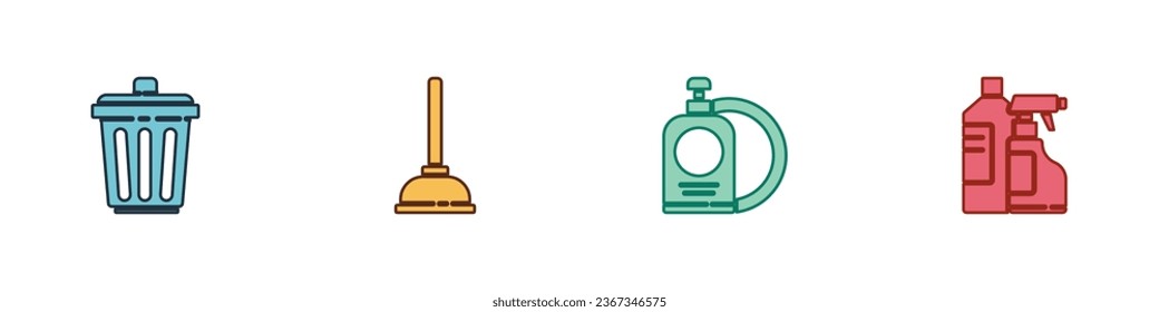 Set Trash can, Rubber plunger, Dishwashing liquid bottle and plate and Bottles for cleaning agent icon. Vector