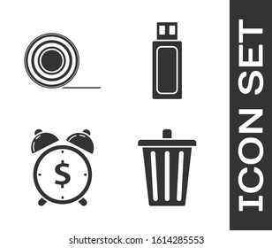 Set Trash can, Scotch, Alarm clock with dollar symbol and USB flash drive icon. Vector