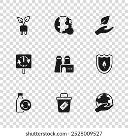Set Trash can, Shield with leaf, Hand holding Earth globe, Factory production, Leaf hand, Electric saving plug, melting global warming and Recycle symbol icon. Vector