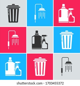 Set Trash can , Cabeza de ducha con gotas de agua fluyendo y Botellas de plástico para el líquido lavavajillas líquido icono. Vector