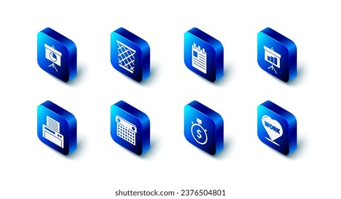 Set Trash can, Spiral notebook, Chalkboard with diagram, Heart text work, Time is money, Calendar, Printer and  icon. Vector