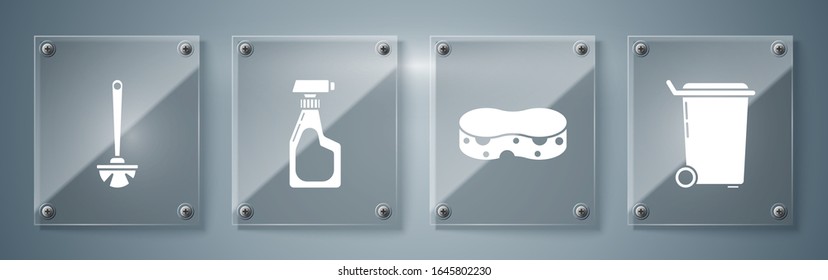 Set Trash can , Sponge , Cleaning spray bottle with detergent liquid  and Toilet brush . Square glass panels. Vector