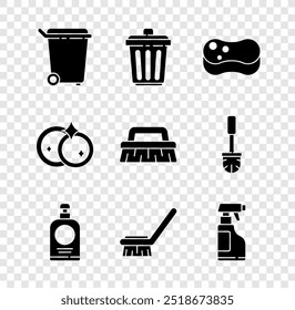 Set Trash can, Sponge, Hand sanitizer bottle, Brush for cleaning, Spray with detergent liquid, Washing dishes and  icon. Vector