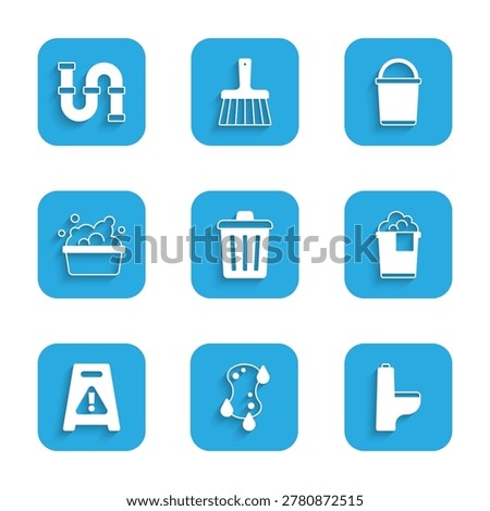 Set Trash can, Sponge, Toilet bowl, Bucket with foam, Wet floor, Basin soap suds,  and Industry metallic pipe icon. Vector