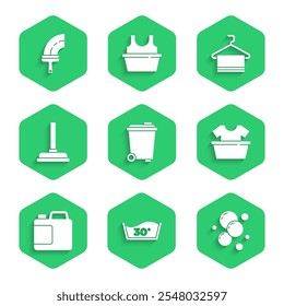 Set Trash can, Temperature wash, Soap water bubbles, Basin with shirt, Bottle for cleaning agent, Rubber plunger, Towel on hanger and cleaner windows icon. Vector