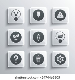 Set Trash can, Test tube and flask, Delicate wash, Wheat, Unknown search, Plant based, Water drop forbidden and Exclamation mark in triangle icon. Vector