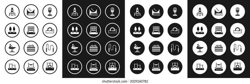 Set Trash can, Tic tac toe game, Forest, Rocket ship, Ferris wheel, Skate park, Jump rope and Swing boat icon. Vector