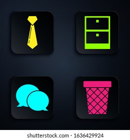 Set Trash can, Tie, Speech bubble chat and Archive papers drawer. Black square button. Vector