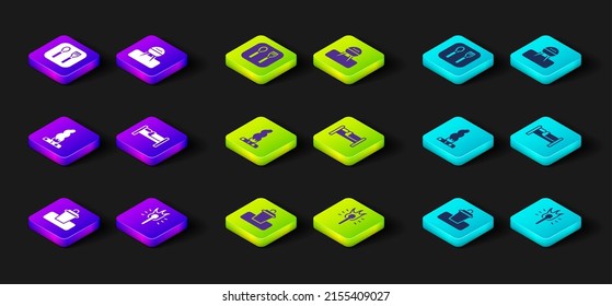 Set Trash can, Torch flame, Campfire, Bed, Barbecue grill and Fork and spoon icon. Vector