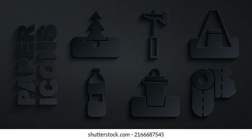 Set Trash Can, Tourist Tent, Bottle Of Water, Paper Towel Roll, Hammer And Tree Icon. Vector