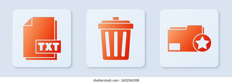 Set Trash can, TXT file document and Document folder with star. White square button. Vector