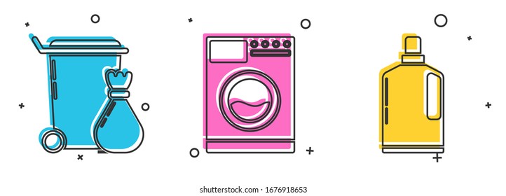 Set Trash can , Lavadora y botellas de plástico para el líquido lavavajillas líquido icono. Vector