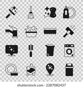 Set Trash can, Washer, Vacuum cleaner, Sponge, Basin with soap suds, Water tap, Rubber for windows and  icon. Vector