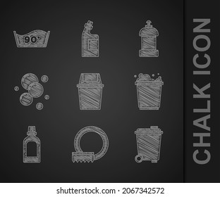 Set Trash can, Washing dishes, Bucket with foam, Bottle for cleaning agent, Soap water bubbles,  and Temperature wash icon. Vector