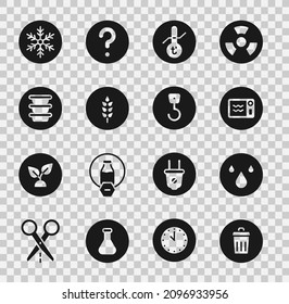 Set Trash can, Water drop, Microwave oven, Meteorology thermometer, Wheat, Bowl, Snowflake and Industrial hook icon. Vector