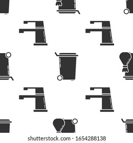 Set Trash can , Trash can  and Water tap  on seamless pattern. Vector