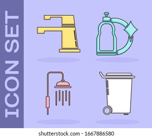 Set Trash can , Water tap , Shower head with water drops flowing  and Plastic bottles for liquid dishwashing liquid icon. Vector
