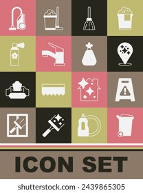 Set Papelera, Piso húmedo, Servicio de limpieza del hogar, Escoba de la manija, Grifo de agua, botella de aerosol ambientador, Aspirador e icono de bolsa de basura. Vector