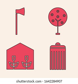 Set Trash can, Wooden axe, Tree and Home greenhouse and plants icon. Vector