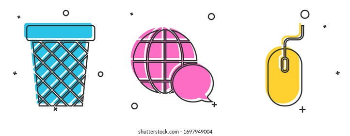 Set Trash can, World map hecho de la burbuja de voz y el icono del ratón de ordenador. Vector