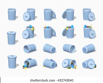 Set of the trash cans. 3D lowpoly isometric vector illustration. The set of objects isolated against the white background and shown from different sides